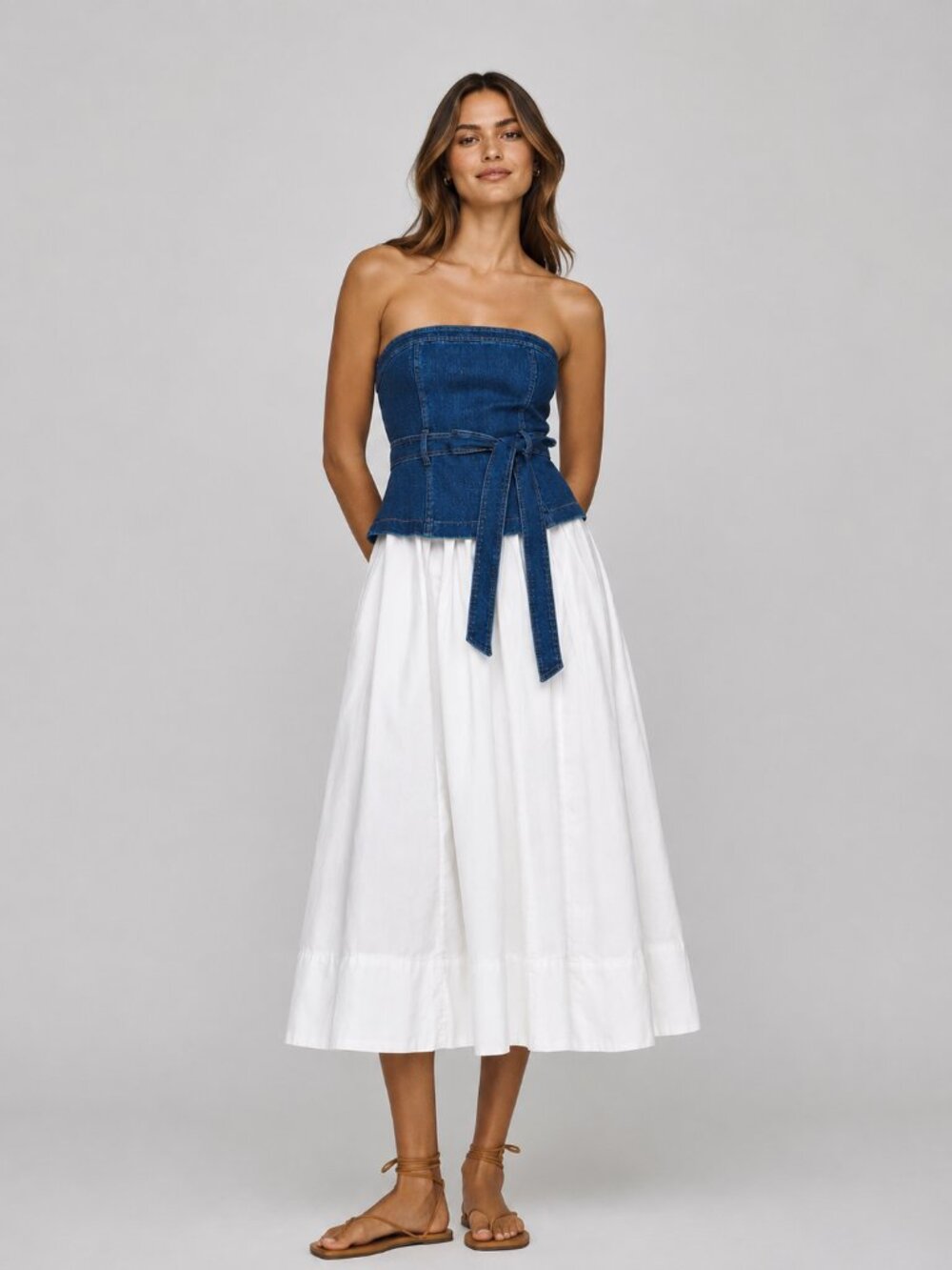 En Saison Anthropologie Harlow Mixed Media Denim Strapless Midi Dress Size S New